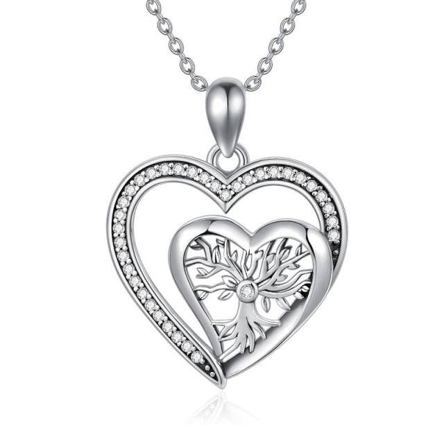 Sterling Silver Zirconia Tree Of Life & Double Heart Pendant Necklace-1