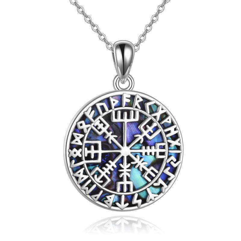 Sterling Silver Circular Shaped Abalone Shellfish Compass & Viking Rune Pendant Necklace