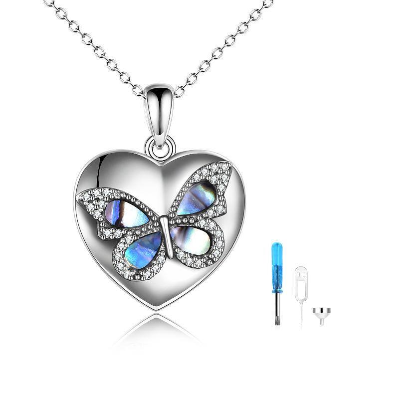 Sterling Silver Abalone Shellfish & Cubic Zirconia Butterfly & Heart Urn Necklace for Ashes with Engraved Word-1