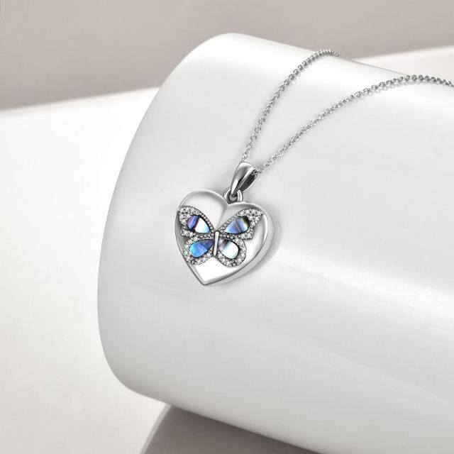 Colar de prata esterlina Abalone Shellfish & Cubic Zirconia Butterfly & Heart Urn com pala-3