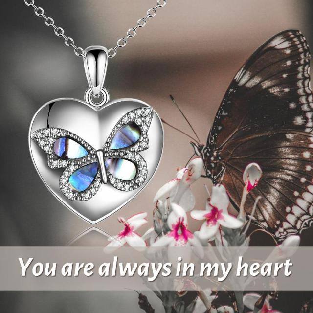 Colar de prata esterlina Abalone Shellfish & Cubic Zirconia Butterfly & Heart Urn com pala-2