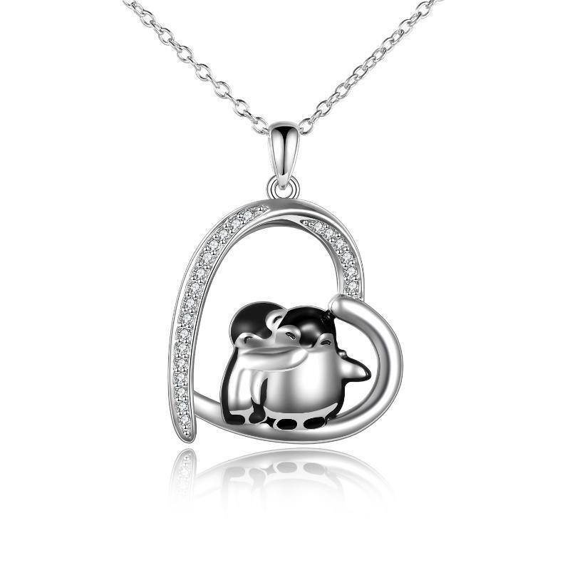 Sterling Silver Cubic Zirconia Hugging Penguins & Heart Pendant Necklace-1