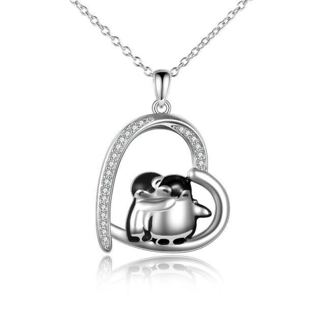 Sterling Silver Cubic Zirconia Hugging Penguins & Heart Pendant Necklace-0