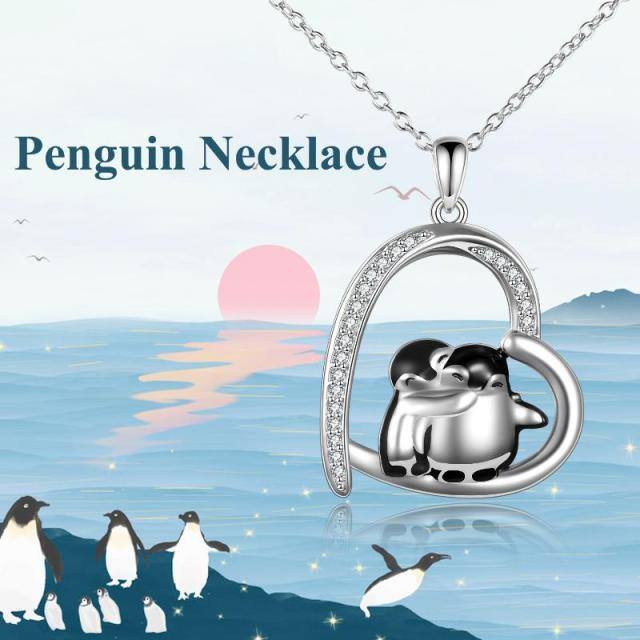 Sterling Silver Cubic Zirconia Hugging Penguins & Heart Pendant Necklace-2