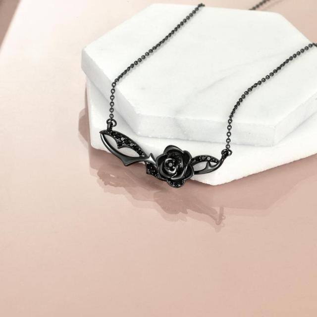 Collier en argent sterling avec pendentif rose en rhodium noir-2