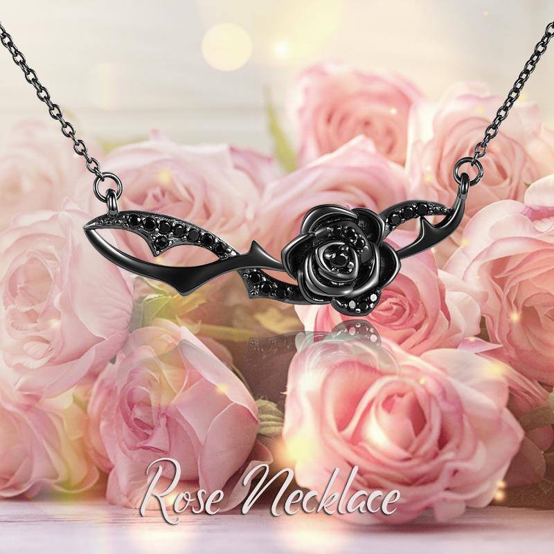 Sterling Silver with Black Rhodium Rose Pendant Necklace-6