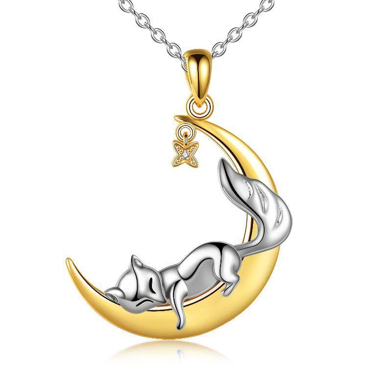 Sterling Silver Two-tone Cubic Zirconia Fox & Moon & Star Pendant Necklace-1