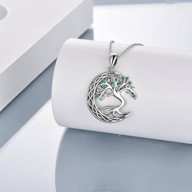 Sterling Silver Circular Shaped Cubic Zirconia Tree Of Life & Moon Pendant Necklace-2