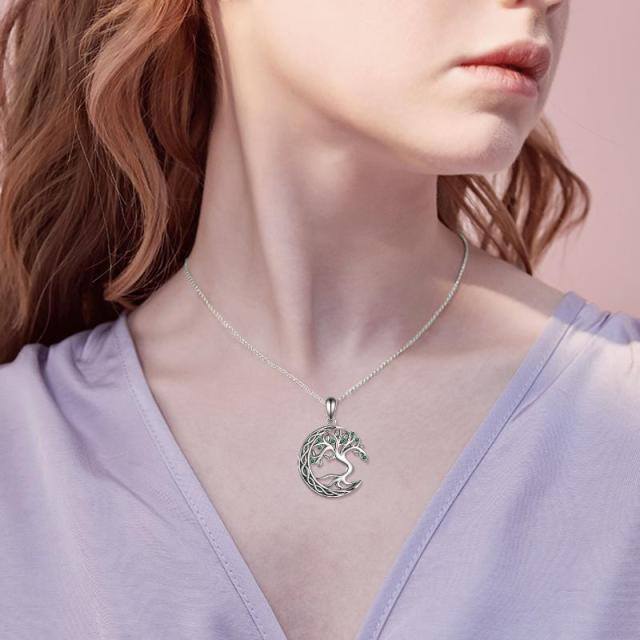 Sterling Silver Circular Shaped Cubic Zirconia Tree Of Life & Moon Pendant Necklace-1