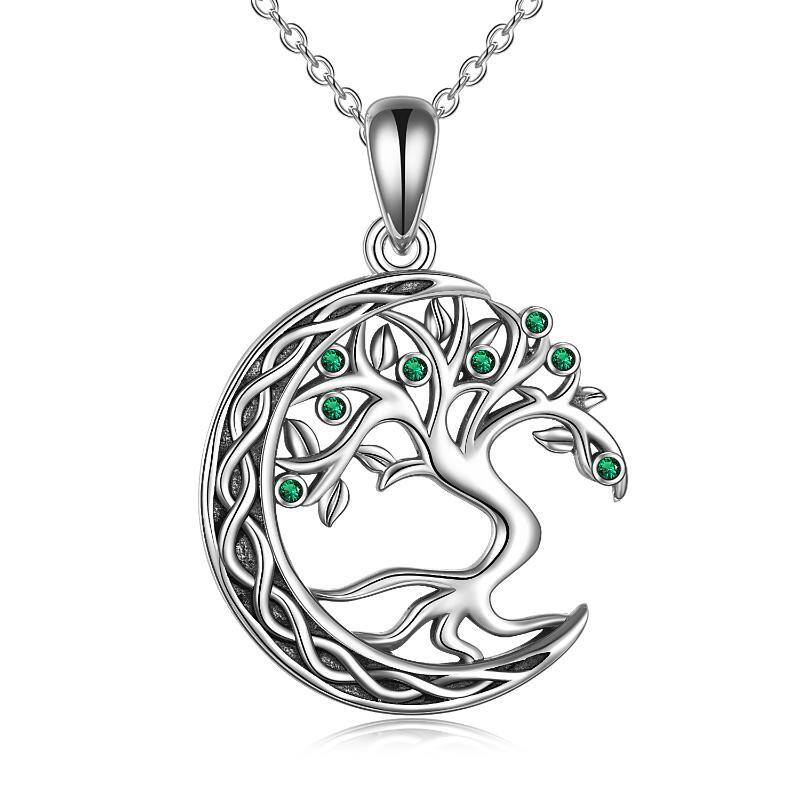 Sterling Silver Circular Shaped Cubic Zirconia Tree Of Life & Moon Pendant Necklace-1