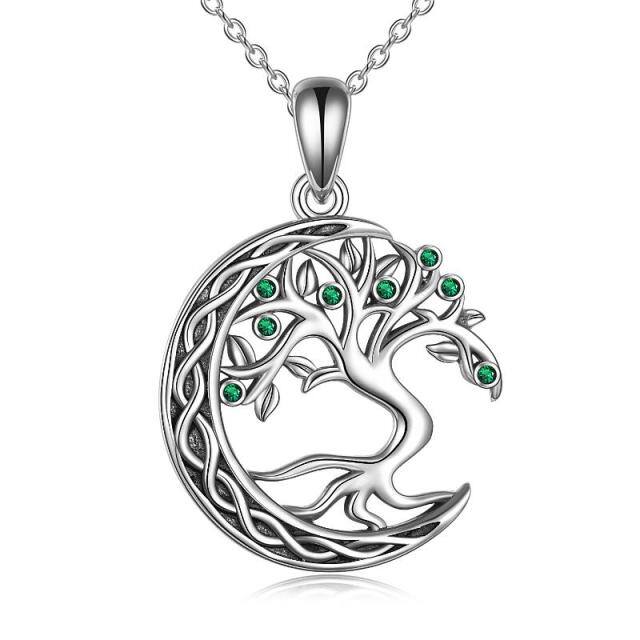 Sterling Silver Circular Shaped Cubic Zirconia Tree Of Life & Moon Pendant Necklace-0