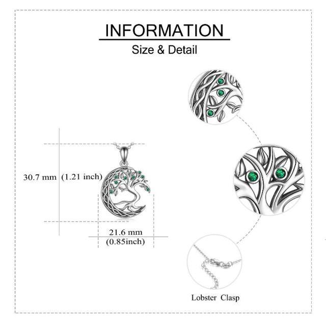 Sterling Silver Circular Shaped Cubic Zirconia Tree Of Life & Moon Pendant Necklace-4