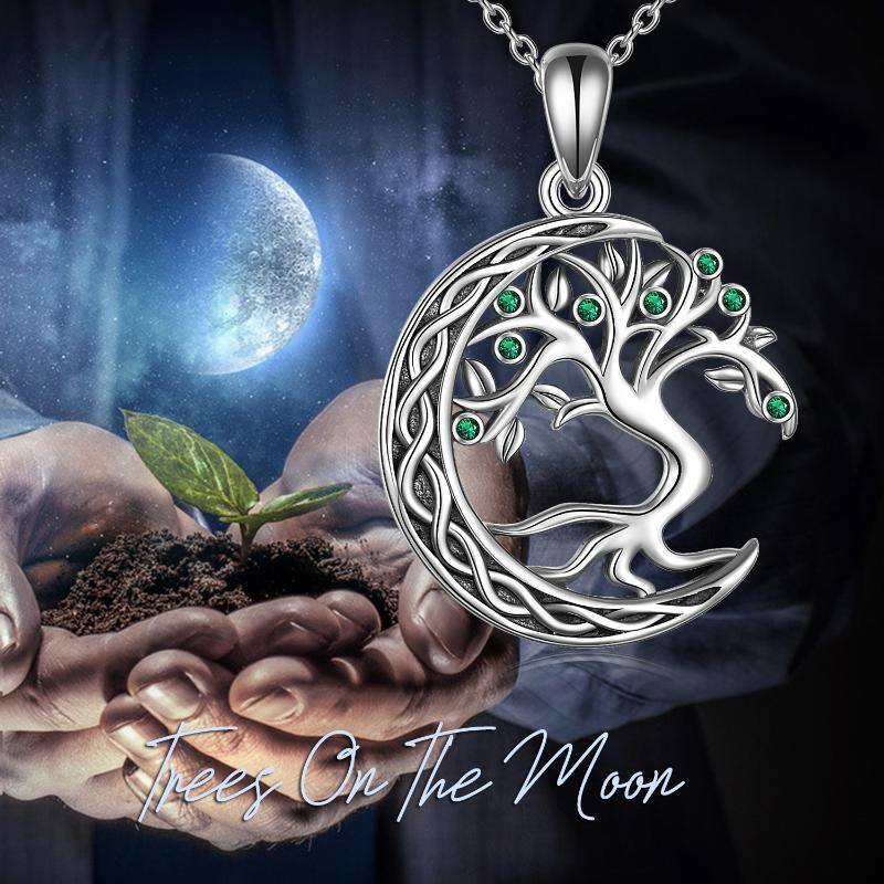 Sterling Silver Circular Shaped Cubic Zirconia Tree Of Life & Moon Pendant Necklace-6