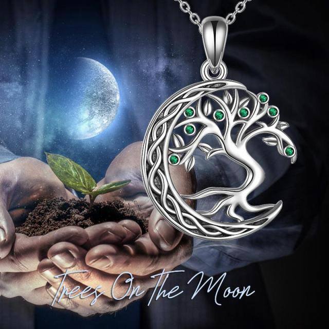 Sterling Silver Circular Shaped Cubic Zirconia Tree Of Life & Moon Pendant Necklace-5
