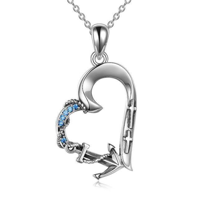 Sterling Silver Cubic Zirconia Anchor & Cross & Heart Pendant Necklace-0