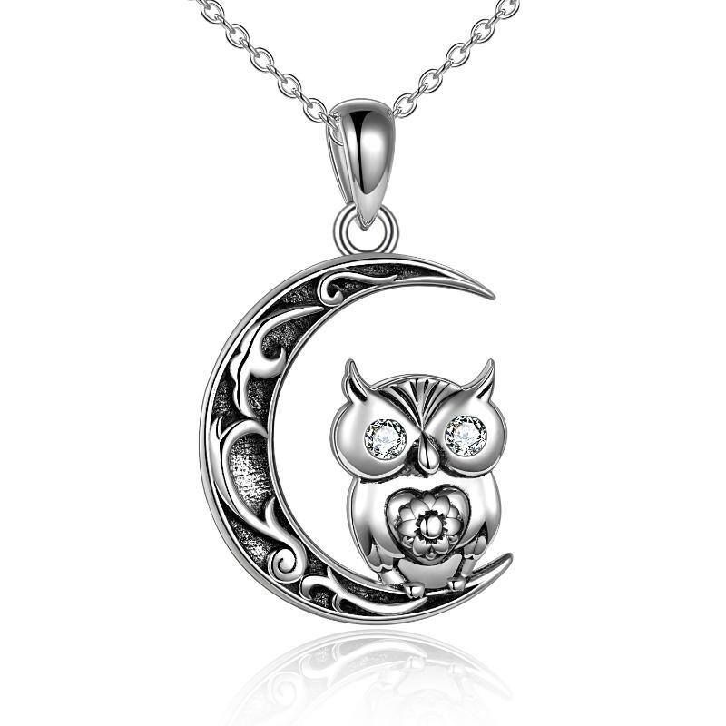 Sterling Silver Cubic Zirconia Owl & Moon Pendant Necklace-1