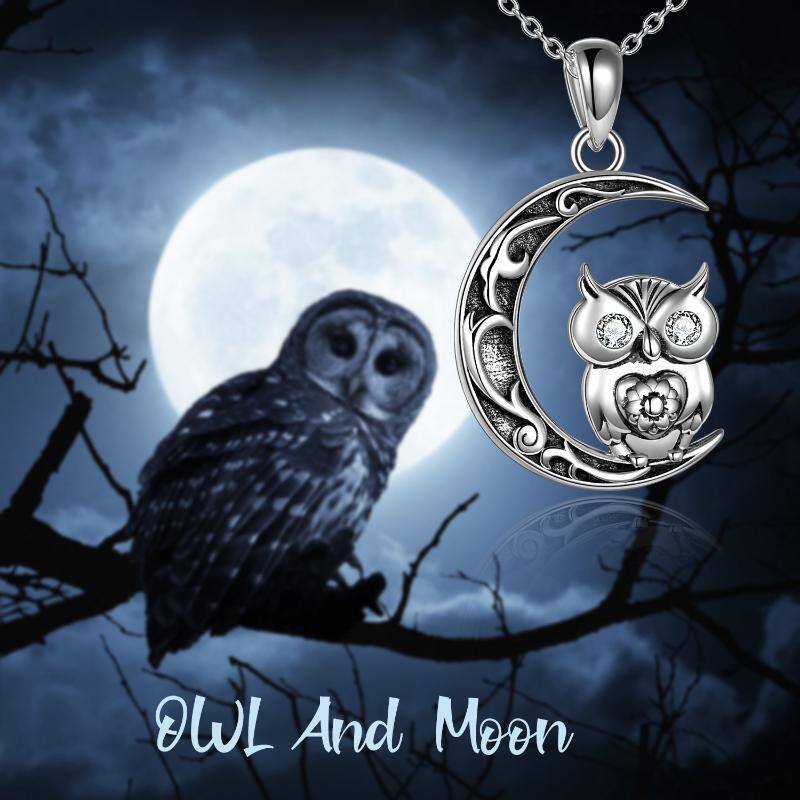 Sterling Silver Cubic Zirconia Owl & Moon Pendant Necklace-6
