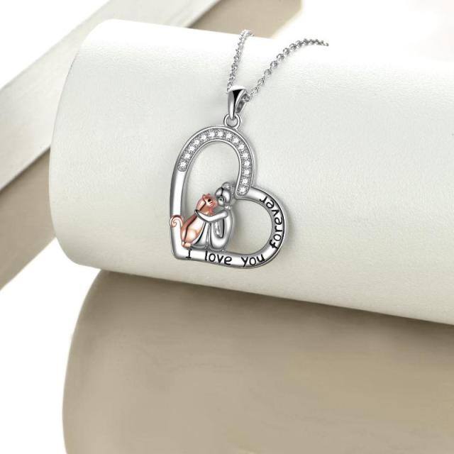Colar de prata esterlina com zircónio cúbico e pendente de coração de rapariga e gato com palavra gravada-2