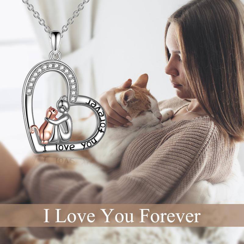 Sterling Silver Cubic Zirconia Girl & Cat Heart Pendant Necklace with Engraved Word-6