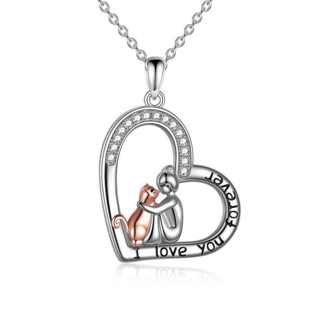 Sterling Silver Cubic Zirconia Girl & Cat Heart Pendant Necklace with Engraved Word-0