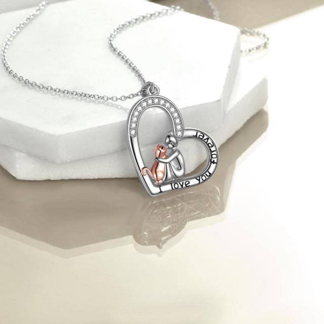 Colar de prata esterlina com zircónio cúbico e pendente de coração de rapariga e gato com palavra gravada-3