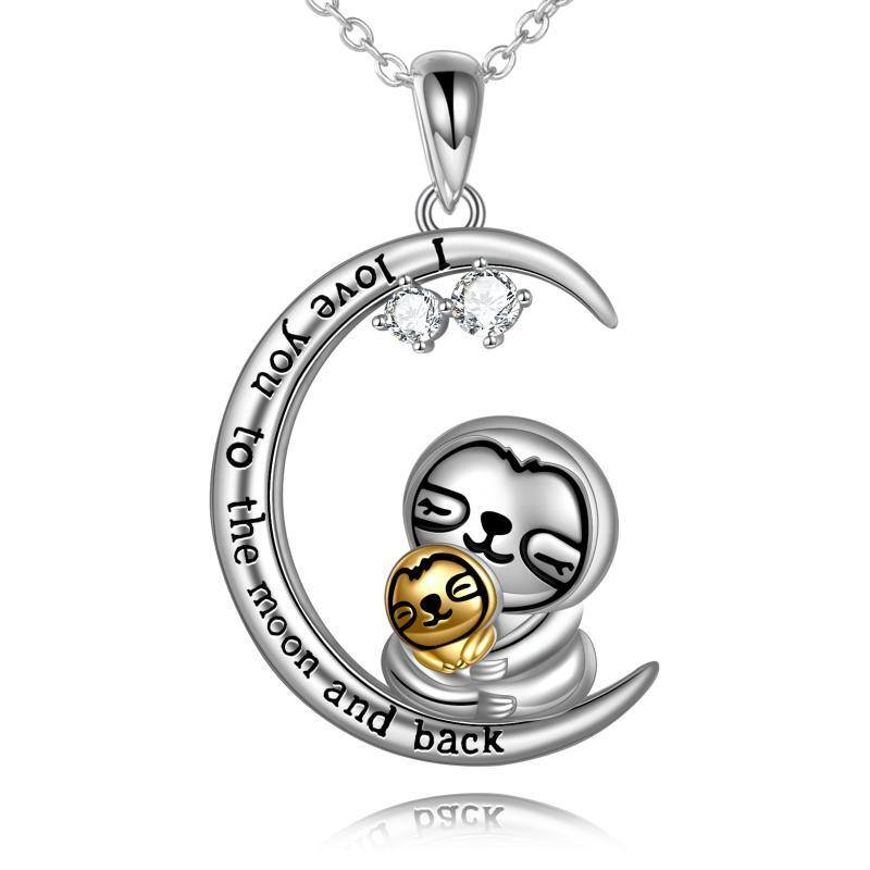 Sterling Silver Two-tone Circular Shaped Cubic Zirconia Sloth & Moon Pendant Necklace with Engraved Word-1
