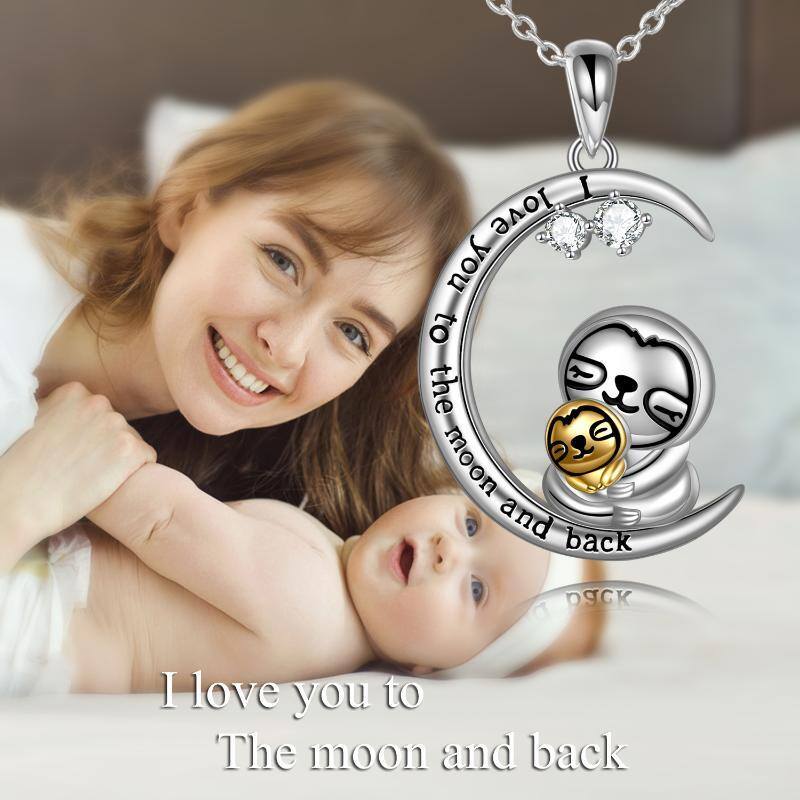 Sterling Silver Two-tone Circular Shaped Cubic Zirconia Sloth & Moon Pendant Necklace with Engraved Word-6