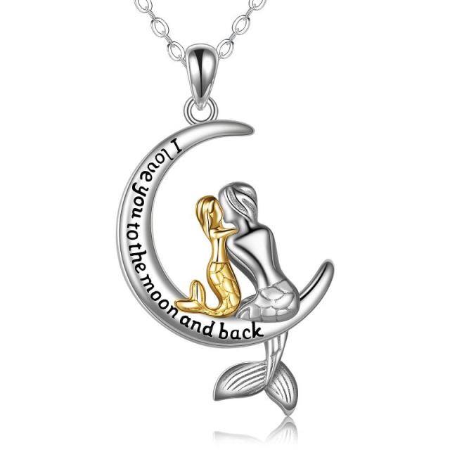 Sterling Silver Two-tone Mermaid & Moon Pendant Necklace with Engraved Word-0