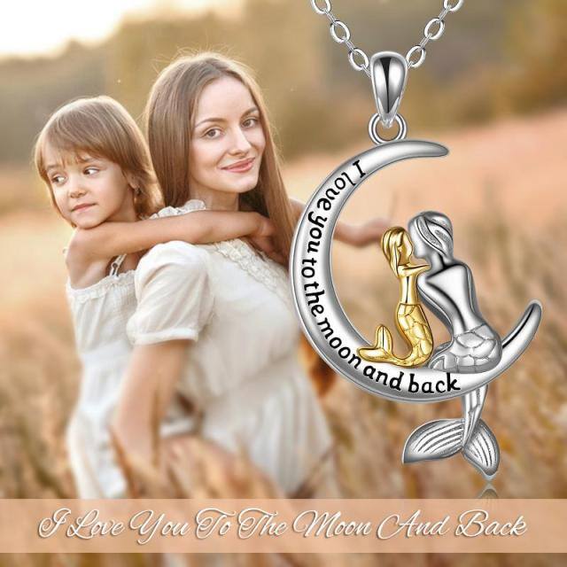 Sterling Silver Two-tone Mermaid & Moon Pendant Necklace with Engraved Word-5