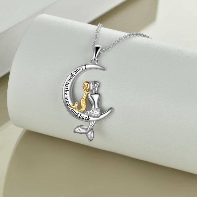 Sterling Silver Two-tone Mermaid & Moon Pendant Necklace with Engraved Word-2