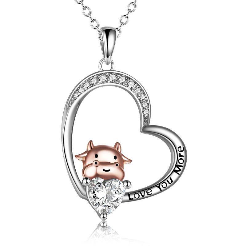 Sterling Silver Two-tone Cubic Zirconia Hippo Heart Pendant Necklace-1
