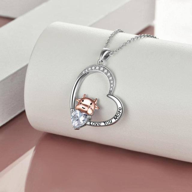 Sterling Silver Two-tone Cubic Zirconia Hippo Heart Pendant Necklace-3