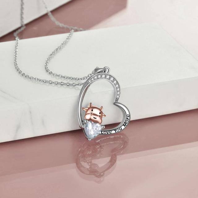 Sterling Silver Two-tone Cubic Zirconia Hippo Heart Pendant Necklace-2