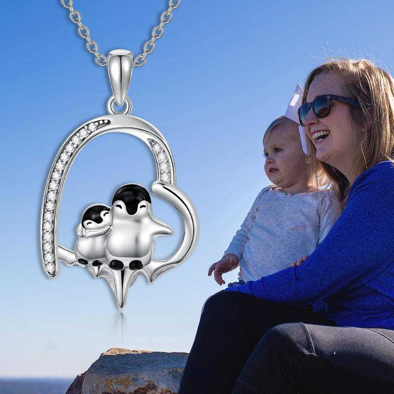 Sterling Silver Cubic Zirconia Couple Penguin & Heart Melting Ice Pendant Necklace-6