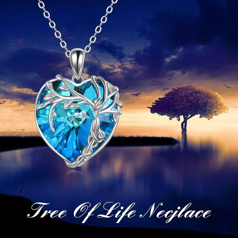 Sterling Silver Heart Shaped Tree Of Life Crystal Pendant Necklace-6