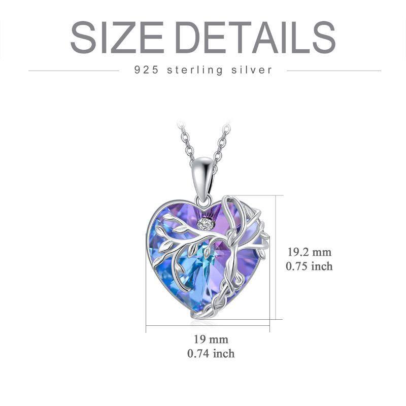 Sterling Silver Circular Shaped & Heart Shaped Tree Of Life & Heart Crystal Pendant Necklace-6