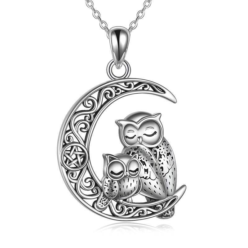 Sterling Silver Owl & Moon & Pentagram Pendant Necklace-1