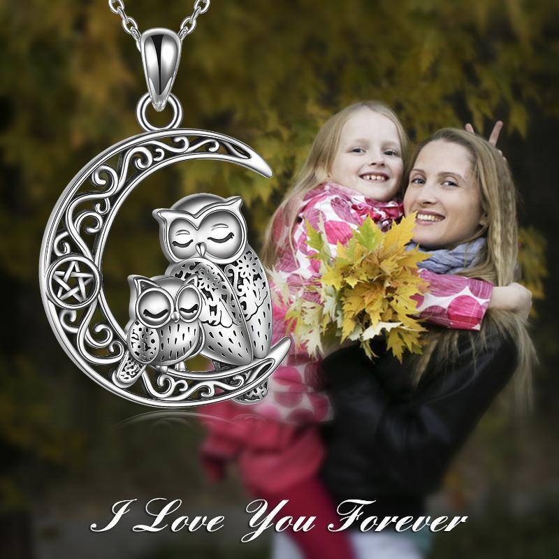 Sterling Silver Owl & Moon & Pentagram Pendant Necklace-6