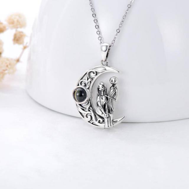 Sterling Silver Projection Stone Moon Pendant Necklace-4