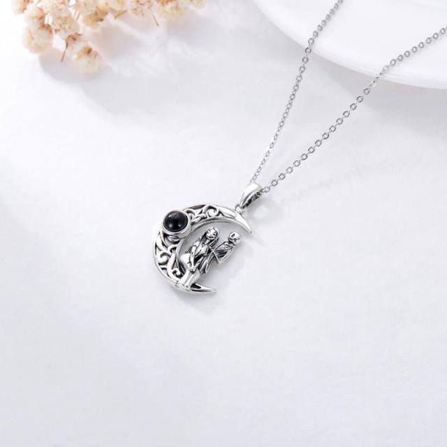 Sterling Silver Projection Stone Moon Pendant Necklace-3