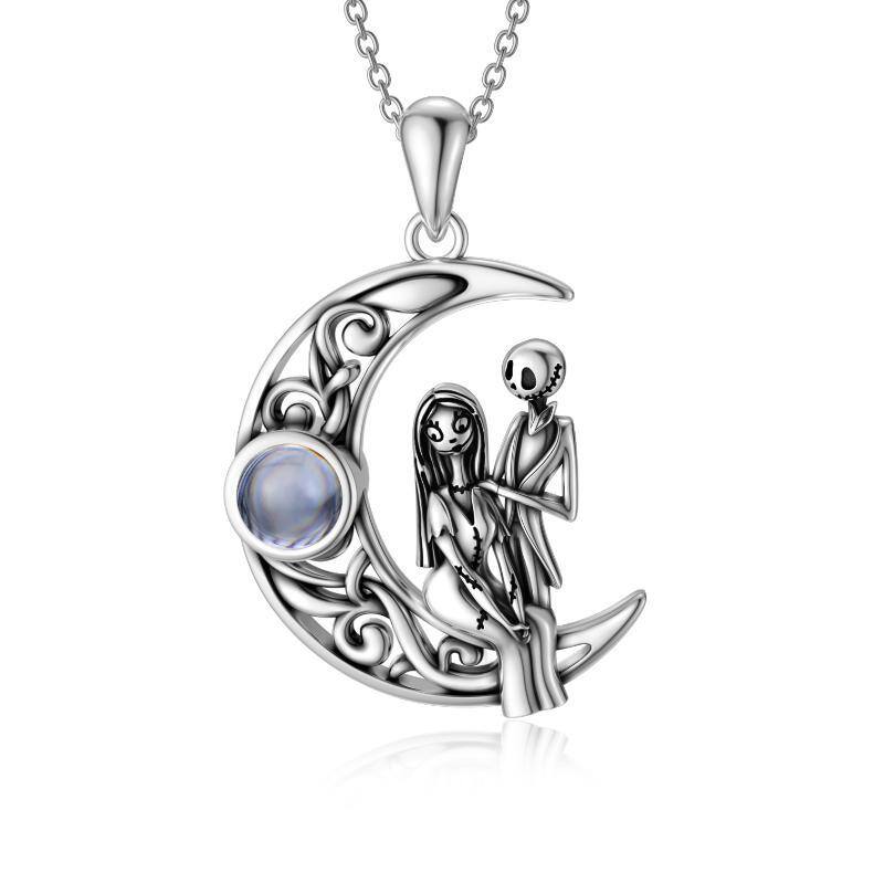 Sterling Silver Projection Stone Moon Pendant Necklace-1