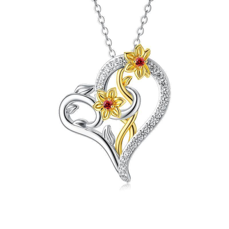 Sterling Silver Two-tone Cubic Zirconia Daffodil & Heart Pendant Necklace-1