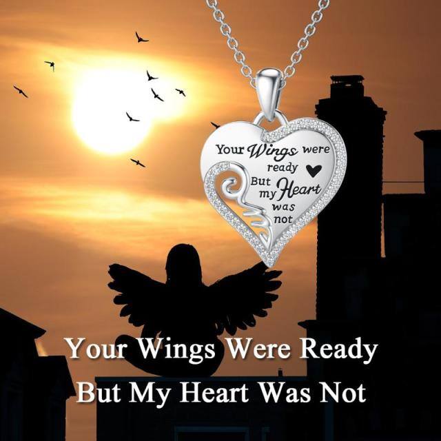 Sterling Silver Circular Shaped Angel Wing & Heart Pendant Necklace with Engraved Word-2