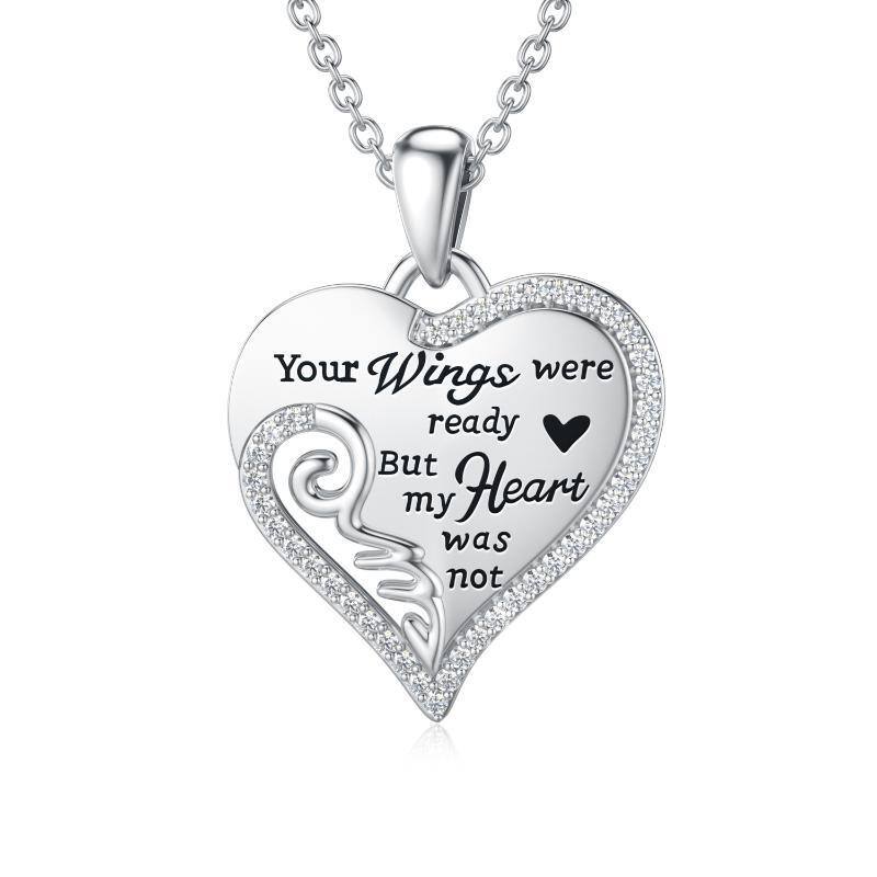 Sterling Silver Circular Shaped Angel Wing & Heart Pendant Necklace with Engraved Word-1