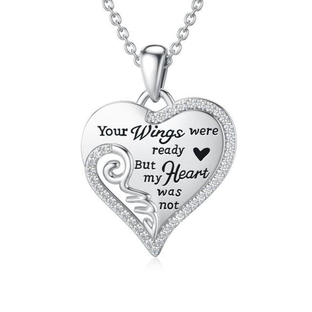 Sterling Silver Circular Shaped Angel Wing & Heart Pendant Necklace with Engraved Word-0