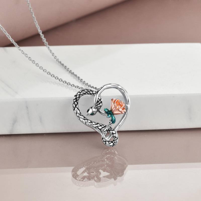 Sterling Silver Two-tone Snake & Rose & Heart Pendant Necklace-3