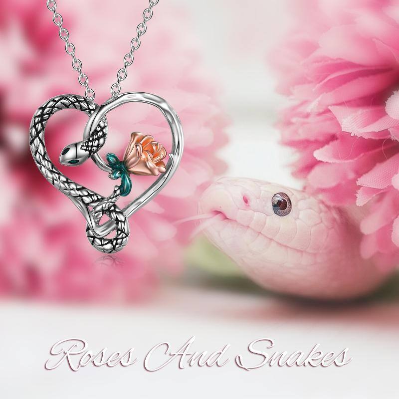 Sterling Silver Two-tone Snake & Rose & Heart Pendant Necklace-6