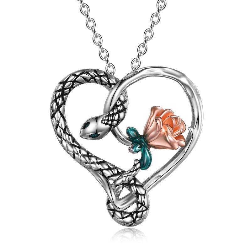 Sterling Silver Two-tone Snake & Rose & Heart Pendant Necklace-1