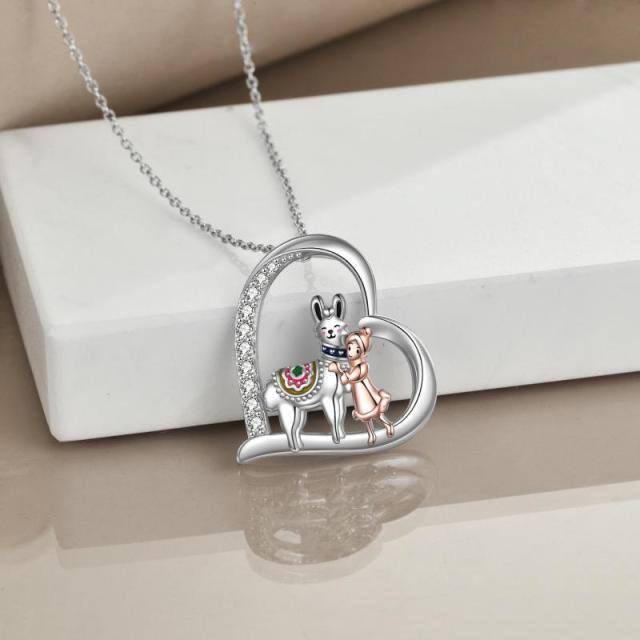 Sterling Silver Two-tone Heart Shaped Cubic Zirconia Alpaca & Heart Pendant Necklace-4