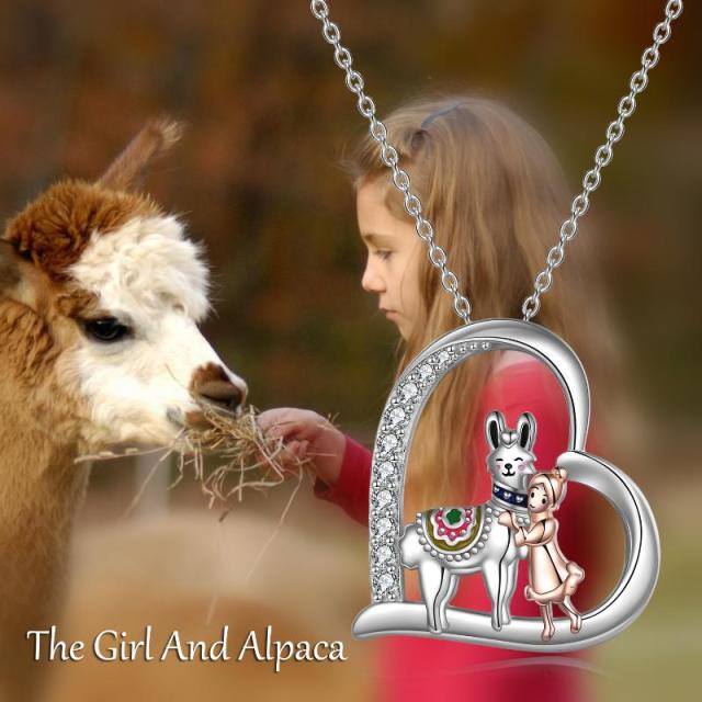 Sterling Silver Two-tone Heart Shaped Cubic Zirconia Alpaca & Heart Pendant Necklace-6
